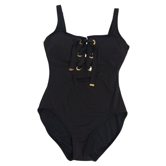 Michael Kors Black One-Piece Swimsuit With Gold Grommet Lace-Up Front Size 10. - Picture 1 of 7